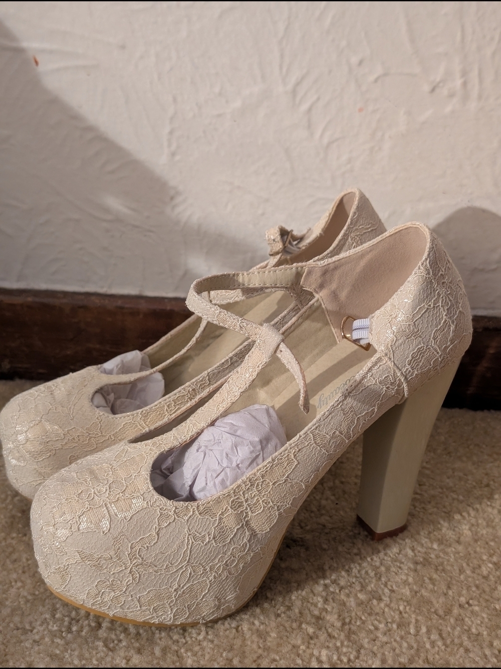 Cream Lace Mary Jane Platform Heels with Ankle Strap Wedding